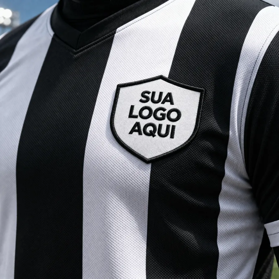 Patch em formato de escudo aplicado em camisa de futebol listrada