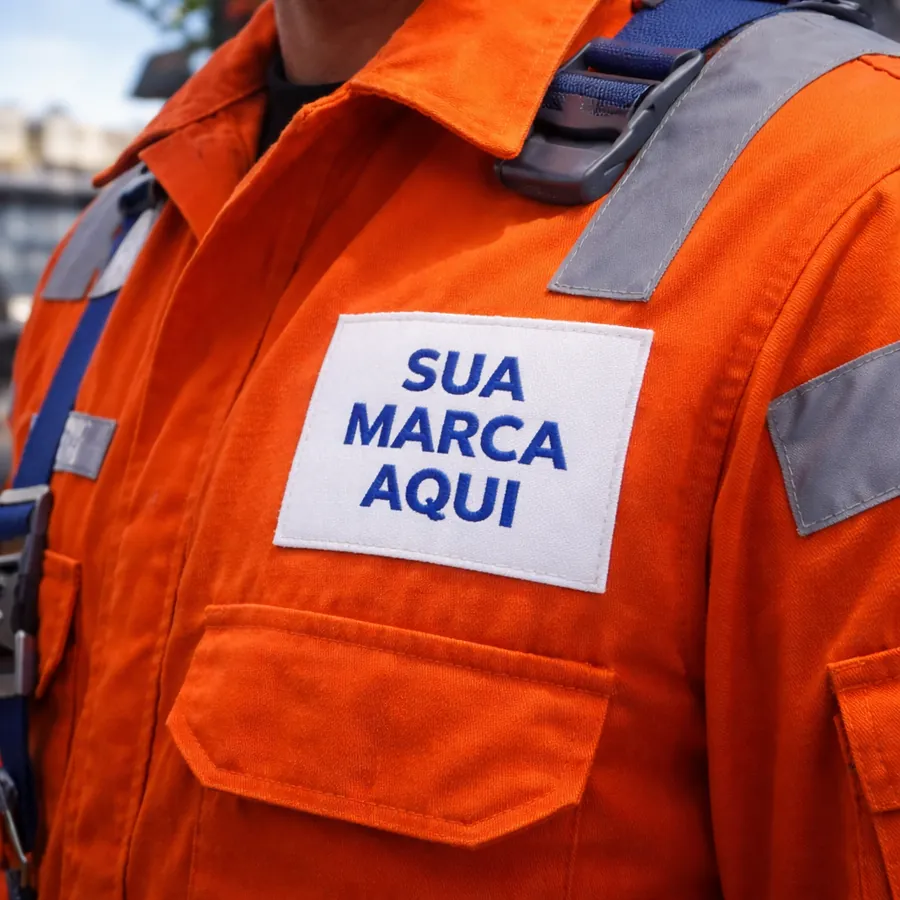 Patch com logo bordado aplicado em uniforme profissional laranja